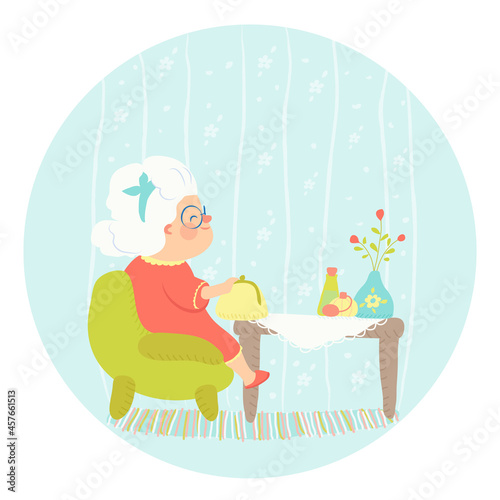 vector illustration of a cute gray-haired grandmother in glasses and a red dress, who sits on a green armchair at a table. There are knitted rugs on the floor, wallpaper on the walls, vases. Eps 10