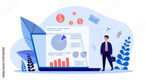 Tiny businessman with briefcase next to marketing analytics. Man looking at business analysis flat vector illustration. Management, strategy concept for banner, website design or landing web page