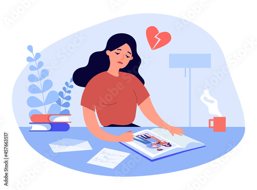 Sad cartoon woman looking at picture in photo album. Photo of happy husband and wife with children flat vector illustration. Family, divorce concept for banner, website design or landing web page