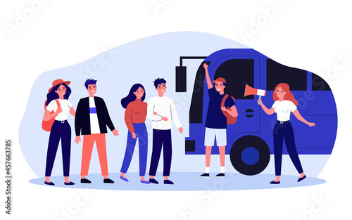 Female guide calling travelers to tour bus through megaphone. Cartoon tourists going on trip flat vector illustration. Traveling, tourism concept for banner, website design or landing web page