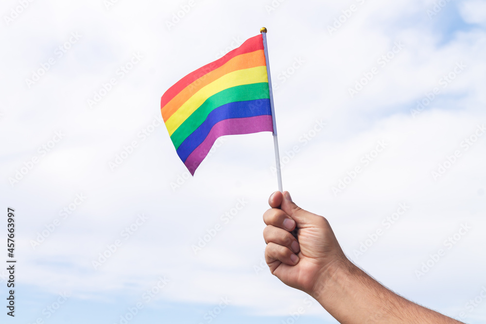 Holding gay pride symbol rainbow flag Holding gay pride symbol rainbow flag