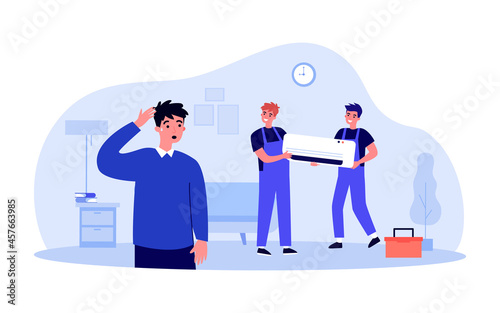 Technicians installing air conditioning system for sweaty man. Apartment owner and repairmen holding air conditioner flat vector illustration. Home appliances, maintenance service concept for banner