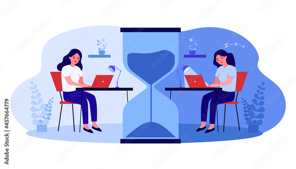 Female cartoon character working late at home or office. Energized and sleepy women at desk separated by huge hourglass flat vector illustration. Workplace, deadline concept for banner, website design Female cartoon character working late at home or office. Energized and sleepy women at desk separated by huge hourglass flat vector illustration. Workplace, deadline concept for banner, website design