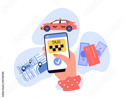 Female hand holding smartphone with taxi mobile app. Person ordering cab, map with location pins, payment methods flat vector illustration. Taxi service, technology concept for banner, website design