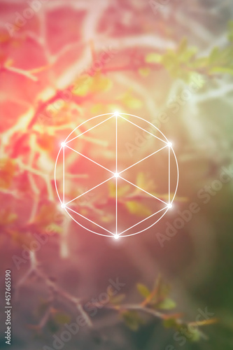 Philosopher stone sacred geometry spiritual new age futuristic illustration with transmutation interlocking circles, triangles and glowing particles in front of blurred natural background.