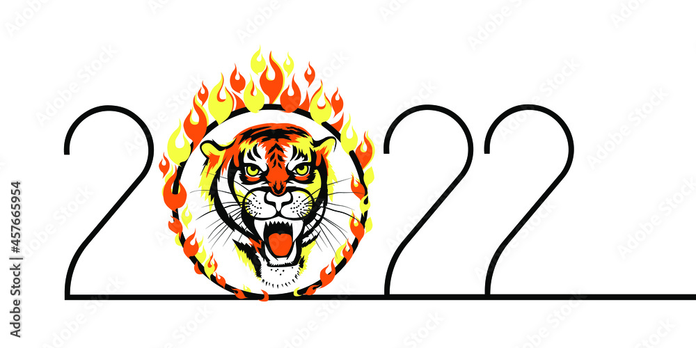Year of the Tiger 2022. Tiger Face through Flaming Hoop.  Sketch. Vector illustration.
