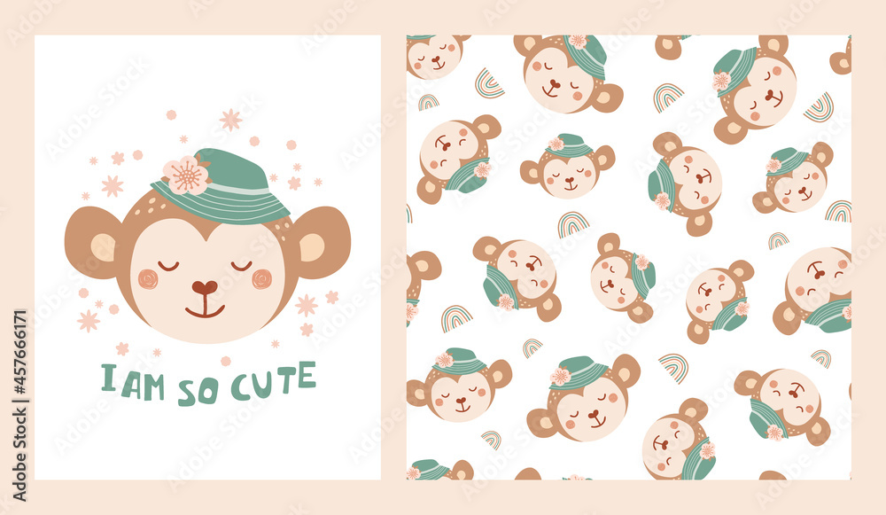 Set cute poster and seamless pattern with monkey in a hat with flowers and poster with lettering I am so cute. Collection with animal for children clothing, textiles, wallpapers. Vector Illustration Set cute poster and seamless pattern with monkey in a hat with flowers and poster with lettering I am so cute. Collection with animal for children clothing, textiles, wallpapers. Vector Illustration