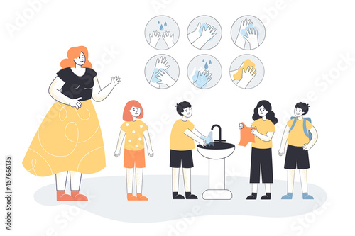 Cartoon boy properly washing hands in sink at school. Female character teaching kids hygiene flat vector illustration. Education, virus, prevention concept for banner, website design or landing page