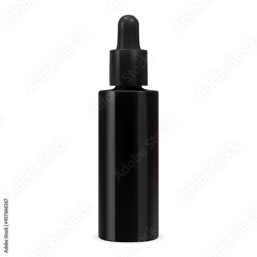 Cosmetic serum bottle. Black glass dropper pipette flask. Essential oil eyedropper container mockup. vector collagen flacon illustration, natural face treatment product, health medicine