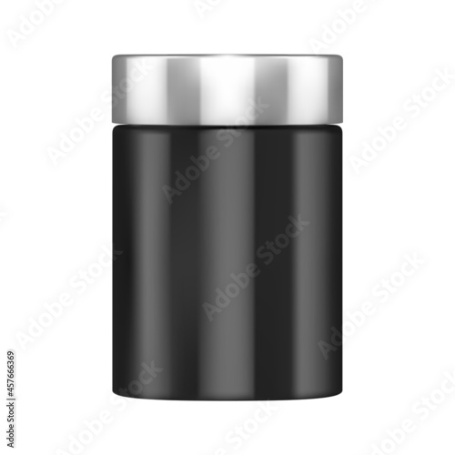 Protein bottle mockup. Supplement powder jar blank. Sport packaging cylinder, nutrition can glossy cap. Fitness remedy bcaa tube design, nutrient canister, black gloss package
