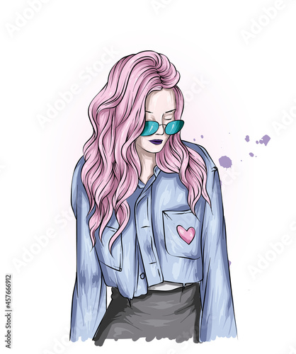 A beautiful girl in stylish clothes and with a haircut. Fashion and style, clothing and accessories. Vector illustration.