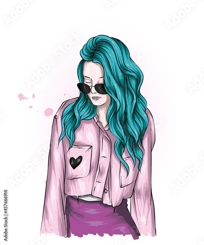 A beautiful girl in stylish clothes and with a haircut. Fashion and style, clothing and accessories. Vector illustration.