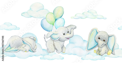 Elephants, balloons, clouds. Watercolor seamless pattern in cartoon style, on an isolated background.