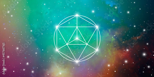 Merkaba sacred geometry spiritual new age futuristic illustration with transmutation interlocking circles, triangles and glowing particles in front of cosmic background
