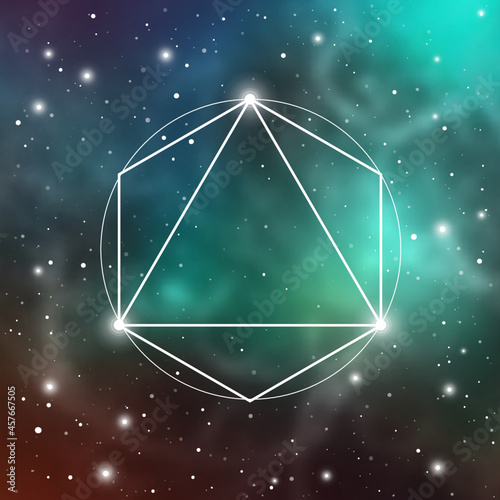 Merkaba sacred geometry spiritual new age futuristic illustration with transmutation interlocking circles, triangles and glowing particles in front of cosmic background
