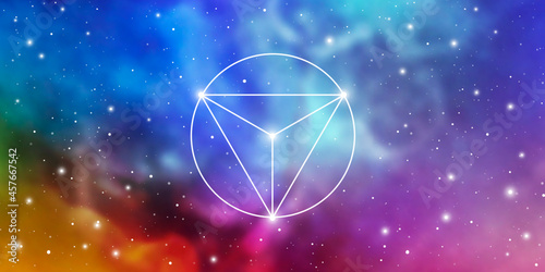 Merkaba sacred geometry spiritual new age futuristic illustration with transmutation interlocking circles, triangles and glowing particles in front of cosmic background
