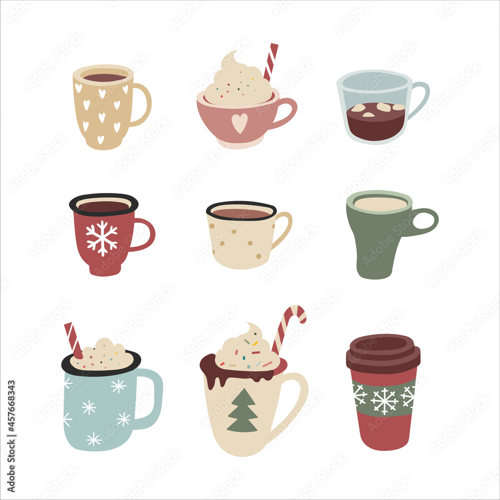 Fototapeta premium Vector handdrawn illustration winter christmas drinks set. Cute color Mugs with coffee, hot cocoa, chocolate milk, tea and cream. Isolated on white background