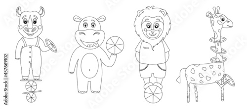 Coloring page with circus animals, hippo, rhino, giraffe, lion. Cartoon animals. Clipart set for nursery poster, t shirt print, kids apparel, greeting card, patch or sticker. Vector illustration