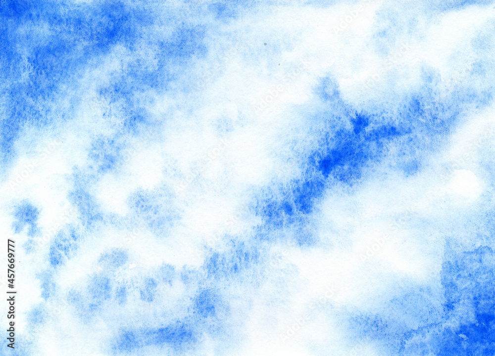 Blue watercolor background. Brush stroke on paper texture. Blue smear of paint for the background. Real watercolor brush for wedding design. Pale blue watercolor blurred on white. Watercolor sky.