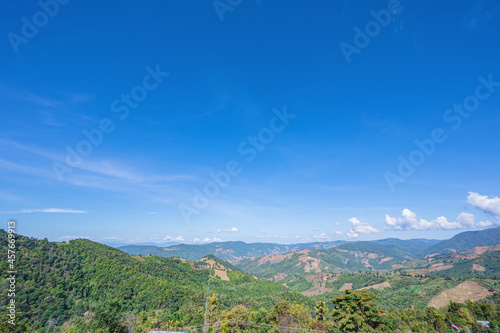 Beautiful mountain view and blue sky on doi sky at nan province.Nan is a rural province in northern Thailand bordering Laos