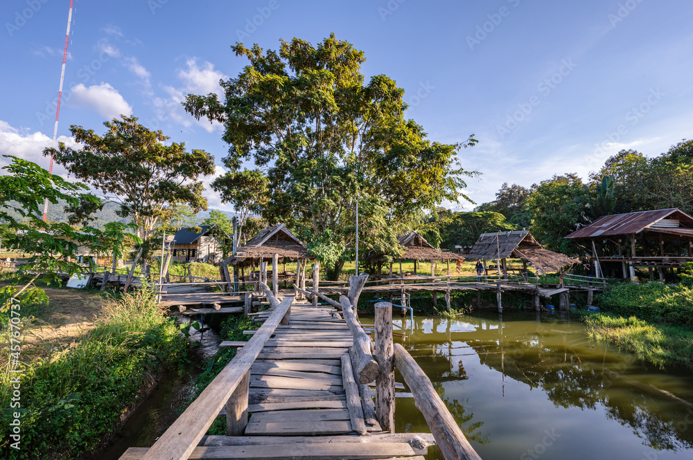 Beautiful nature and landscape view of wooden bridge Ban Tai Lue Café at pua District nan.Nan is a rural province in northern Thailand bordering Laos