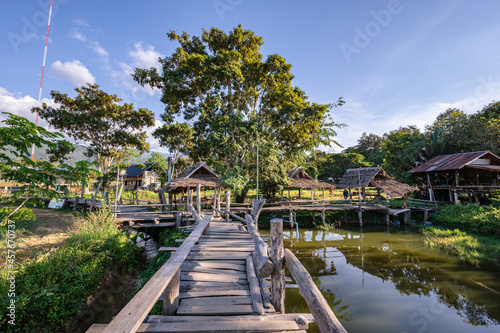 Beautiful nature and landscape view of wooden bridge Ban Tai Lue Café at pua District nan.Nan is a rural province in northern Thailand bordering Laos