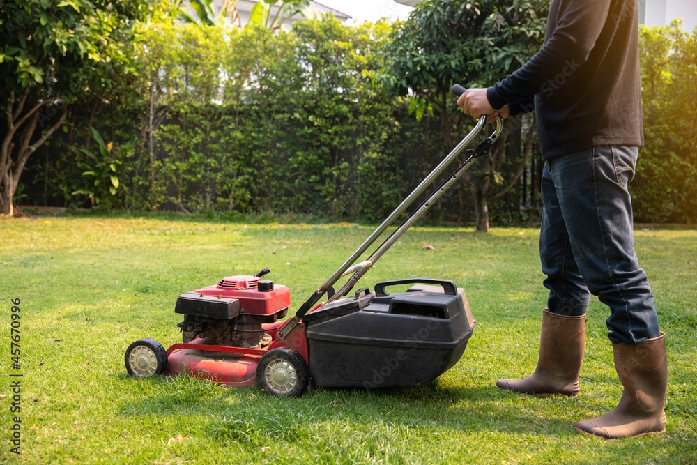 Garden work on the care of the lawn. A man mows the lawn using an electric pushing lawn mower.. Garden work on the care of the lawn. A man mows the lawn using an electric pushing lawn mower..