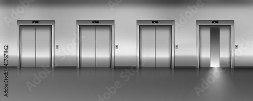 Vector realistic elevators with half-open and closed doors. Steel lifts in modern minimalist interior.