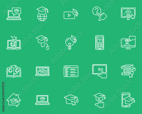 set of online education line icons, school, class, training