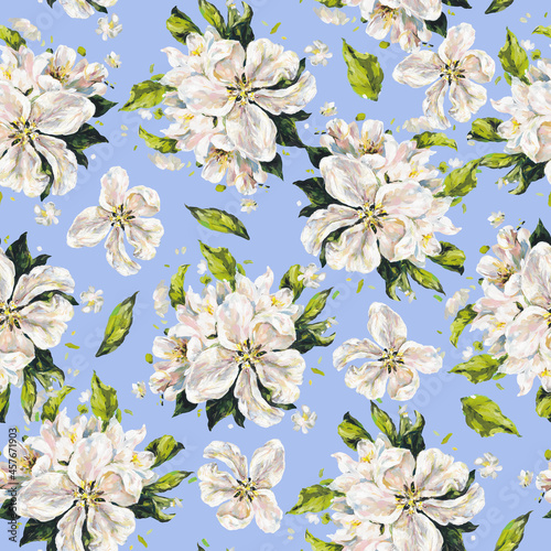 White delicate flowers isolated on blue background. Handwork draw. Seamless pattern for design.