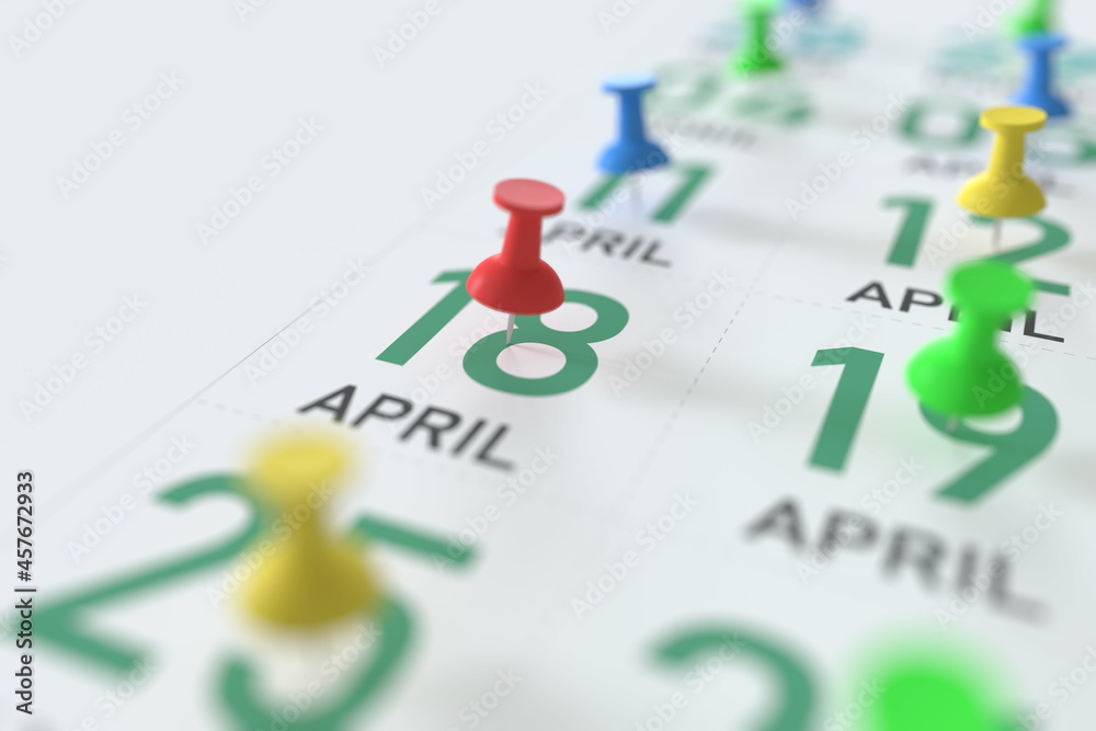 April 18 date and push pin on a calendar, 3D rendering April 18 date and push pin on a calendar, 3D rendering