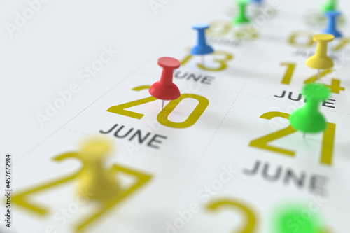 June 20 date and push pin on a calendar, 3D rendering