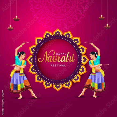 Garba Night poster for Navratri Dussehra festival of India. vector illustration of girls playing Dandiya dance.