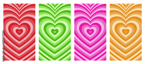Hypnotic heart shaped tunnel color set. Rainbow retro wallpapper psychedelic 70's background,illustration EPS10.