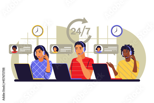 Call center concept. Operators of call center office working in headphones. Vector illustration. Flat