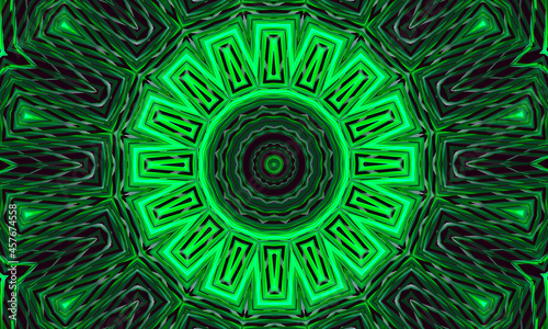 A dark background with a glowing green ornament in the shape of a stylized flower. Kaleidoscope pattern for design.