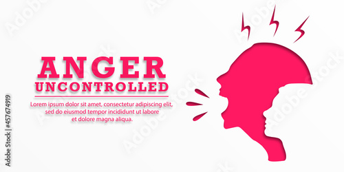 Angry girl screams. Lettering: ANGER UNCONTROLLED. Frustrated woman with nervous problem. Anxiety, panic and confusion of thoughts. Mental disorder and chaos in consciousness. Vector illustration. 