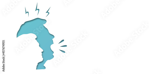 Angry guy screams. Frustrated man with nervous problem. Anxiety, panic and confusion of thoughts. Mental disorder and chaos in consciousness. Vector illustration. Copy space with text. Flat lay. Paper