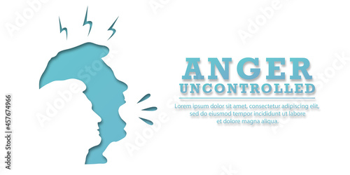 Angry guy screams. Lettering: ANGER UNCONTROLLED. Frustrated man with nervous problem. Anxiety, panic and confusion of thoughts. Mental disorder and chaos in consciousness. Vector illustration. Paper 