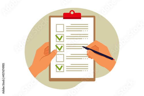 Checklist concept. Questionnaire, survey, clipboard, task list. Vector illustration. Flat