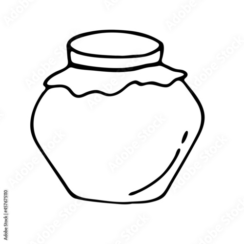 Honey in a glass jar, a hand-drawn contour icon with doodles. Glass jar with honey for the Internet, website, messages, menu, cafe, restaurant.