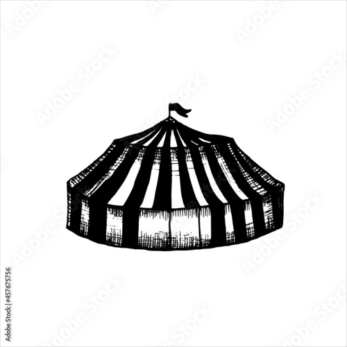 circus tent with vertical stripes with a flag on top - vector drawing in engraving style