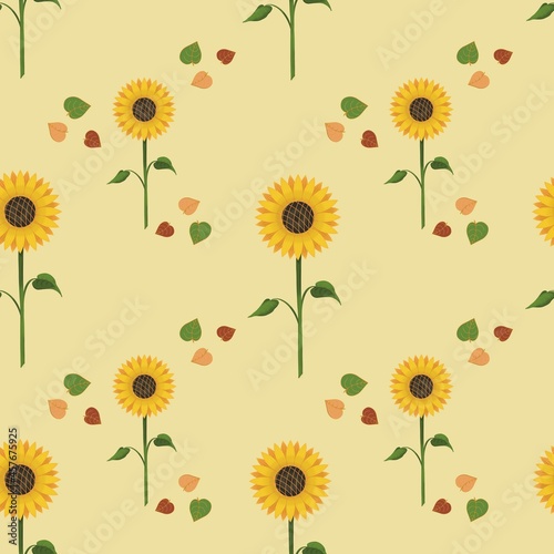 autumn pattern with colorful leaves and sunflowers.