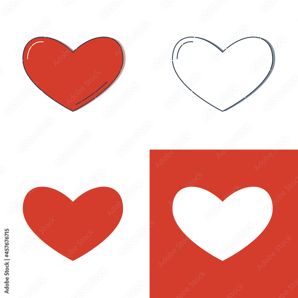 Linear red shape heart on a white background. Modern illustration with reflection and shadow. Simple object in flat line art. Four types of images. Celebration, romance template