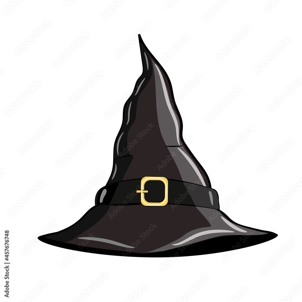 Fototapeta premium Cute pointed black witch hat with gold buckle isolated on a white background. Cartoon vector illustration for Halloween.