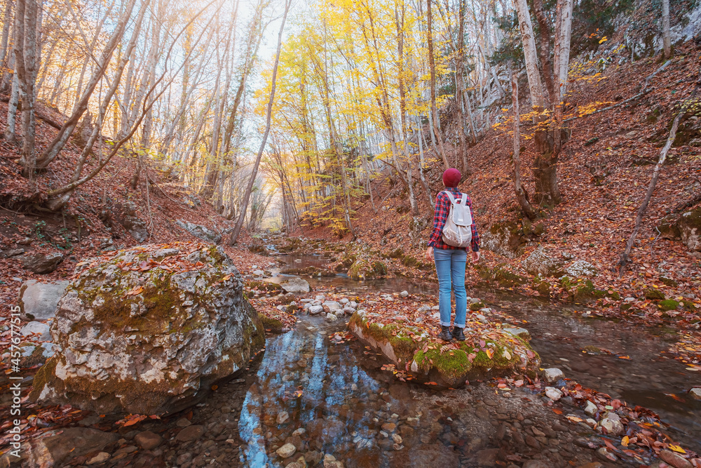 Woman hiking looking at scenic view of autumn foliage mountain landscape. Outdoor adventure travel lady standing relaxing and hiking in nature in autumn season.