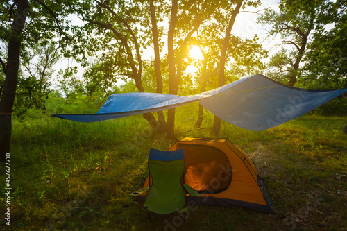 touristic tent under a tarp in forest at the sunset, summer camping scene photo