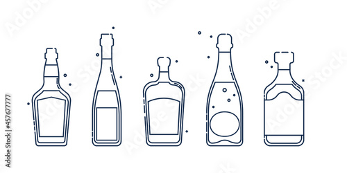 Bottle whiskey wine liquor champagne rum line art in flat style. Restaurant alcoholic illustration for celebration design. Design contour element. Beverage outline icon. Isolated on white backdrop.