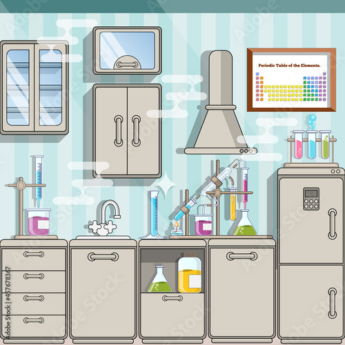 Interior chemical laboratory. Side view. Vector illustration.