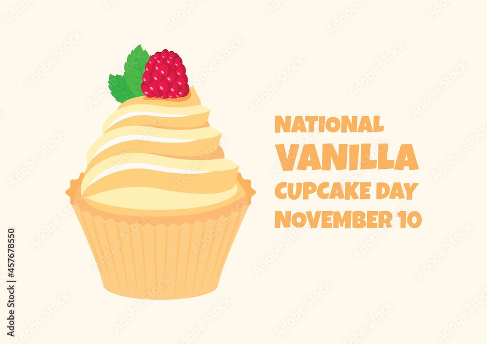 National Vanilla Cupcake Day vector. Creamy vanilla cupcake with raspberry and mint leaf icon vector. Vanilla Cupcake Day Poster, November 10. Important day